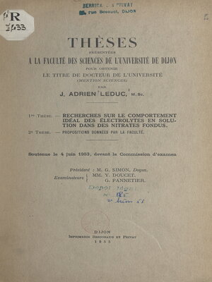 cover image of Recherches sur le comportement idéal des électrolytes en solution dans des nitrates fondus